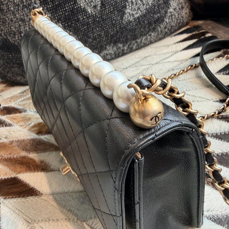 CHANEL 珍珠造型金鏈鏈包 黑色-7