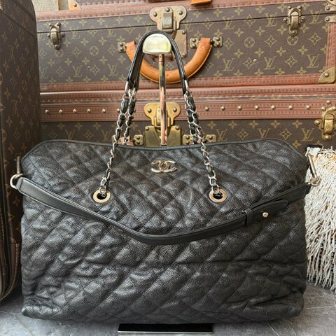 CHANEL 牛皮銀釦手提肩背包 黑色