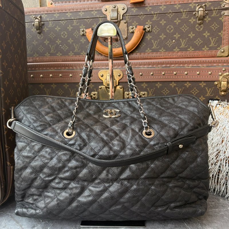 CHANEL 牛皮銀釦手提肩背包 黑色-0