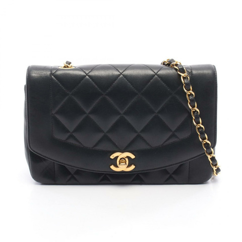 香奈兒 (CHANEL) 絎縫 Diana 翻蓋鏈條單肩背包，羊皮材質，黑色，二手，金色五金