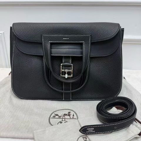 Hermes/愛馬仕 halzan31 哈喇子斜挎包 黑銀 走白線 Togo皮 手提單肩包