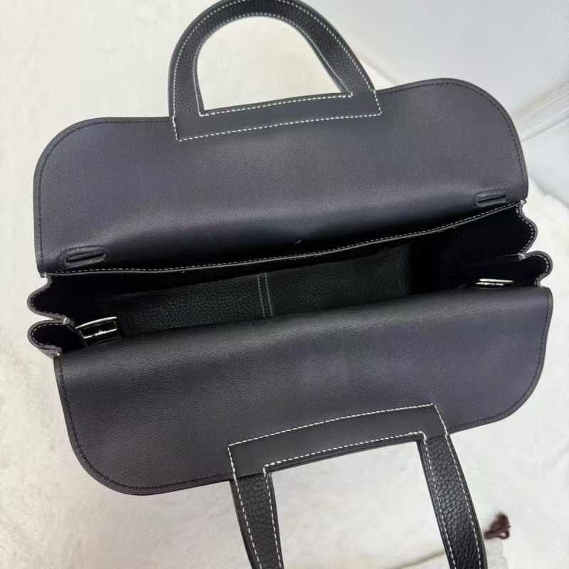 Hermes/愛馬仕 halzan31 哈喇子斜挎包 黑銀 走白線 Togo皮 手提單肩包-2