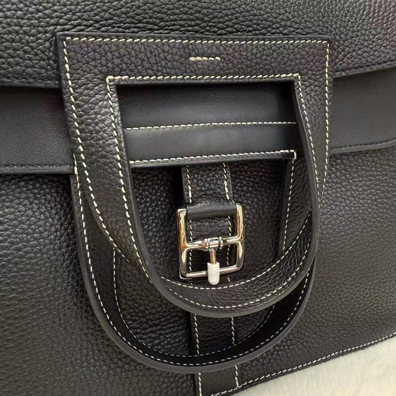 Hermes/愛馬仕 halzan31 哈喇子斜挎包 黑銀 走白線 Togo皮 手提單肩包-7