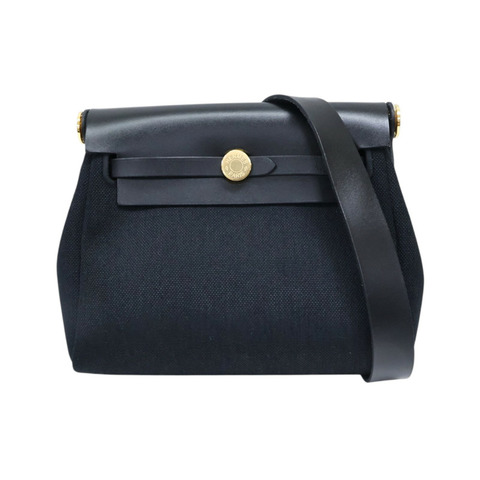黑色 牛皮/帆布 Herbag Zip 20 Mini 肩背包 W刻 金釦【HERMES 愛馬仕】
