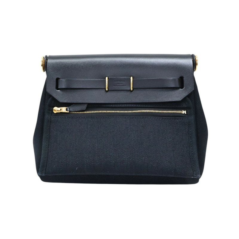 黑色 牛皮/帆布 Herbag Zip 20 Mini 肩背包 W刻 金釦【HERMES 愛馬仕】-1