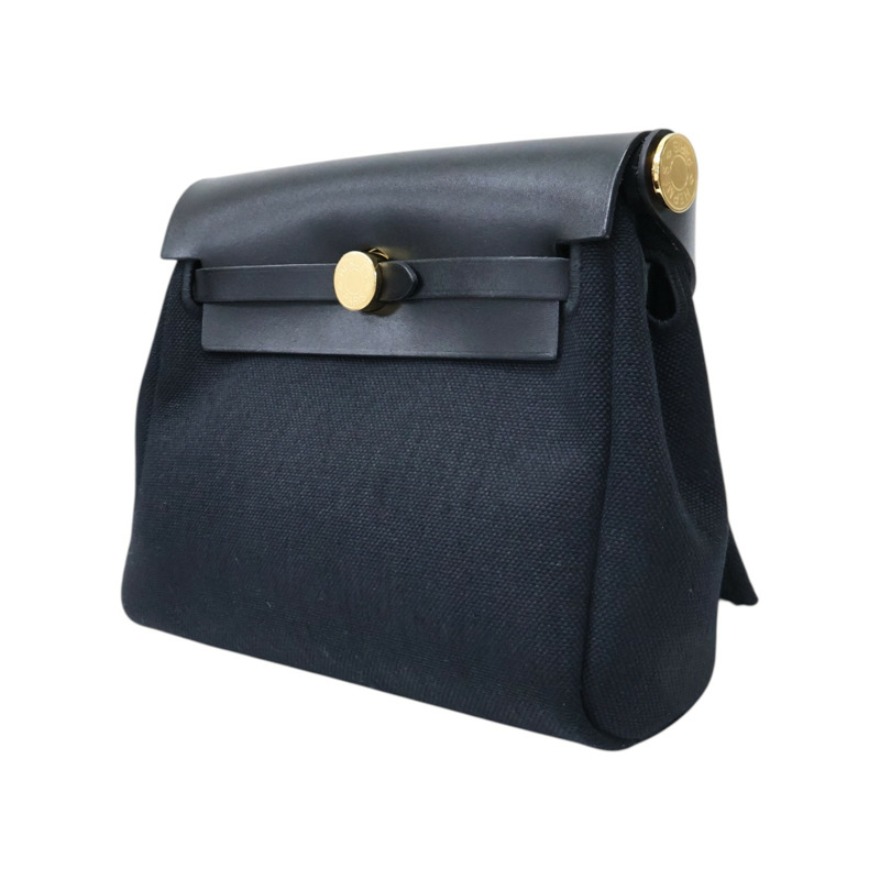 黑色 牛皮/帆布 Herbag Zip 20 Mini 肩背包 W刻 金釦【HERMES 愛馬仕】-2