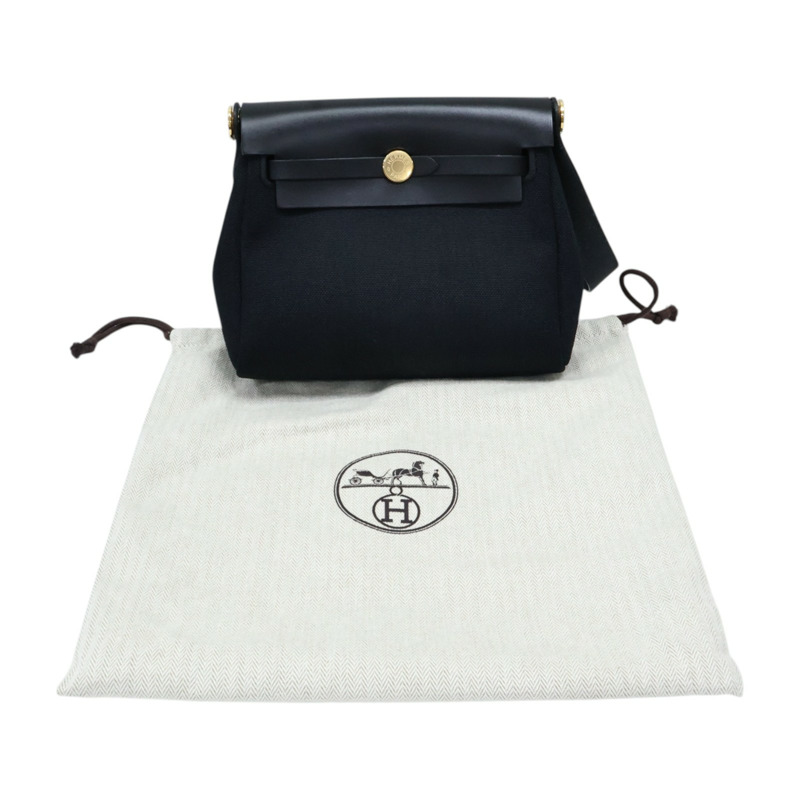 黑色 牛皮/帆布 Herbag Zip 20 Mini 肩背包 W刻 金釦【HERMES 愛馬仕】-9