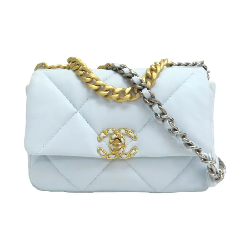 藍色 菱格紋 羊皮 Chanel 19 肩背包 金釦【CHANEL 香奈兒】 AS1160-0