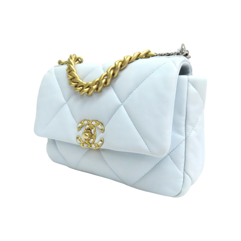 藍色 菱格紋 羊皮 Chanel 19 肩背包 金釦【CHANEL 香奈兒】 AS1160-2