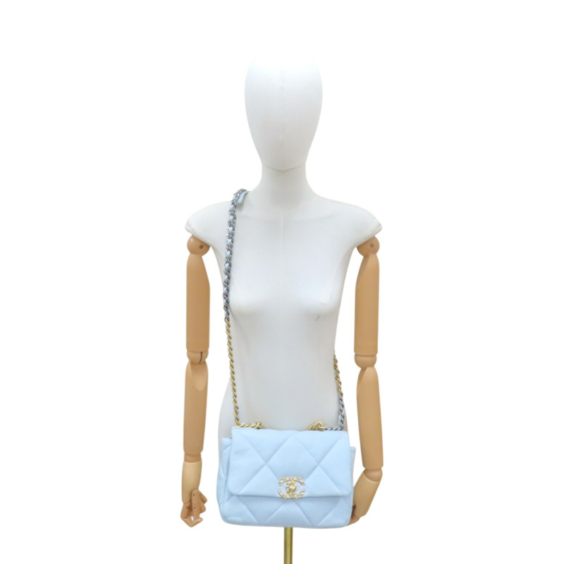 藍色 菱格紋 羊皮 Chanel 19 肩背包 金釦【CHANEL 香奈兒】 AS1160-10