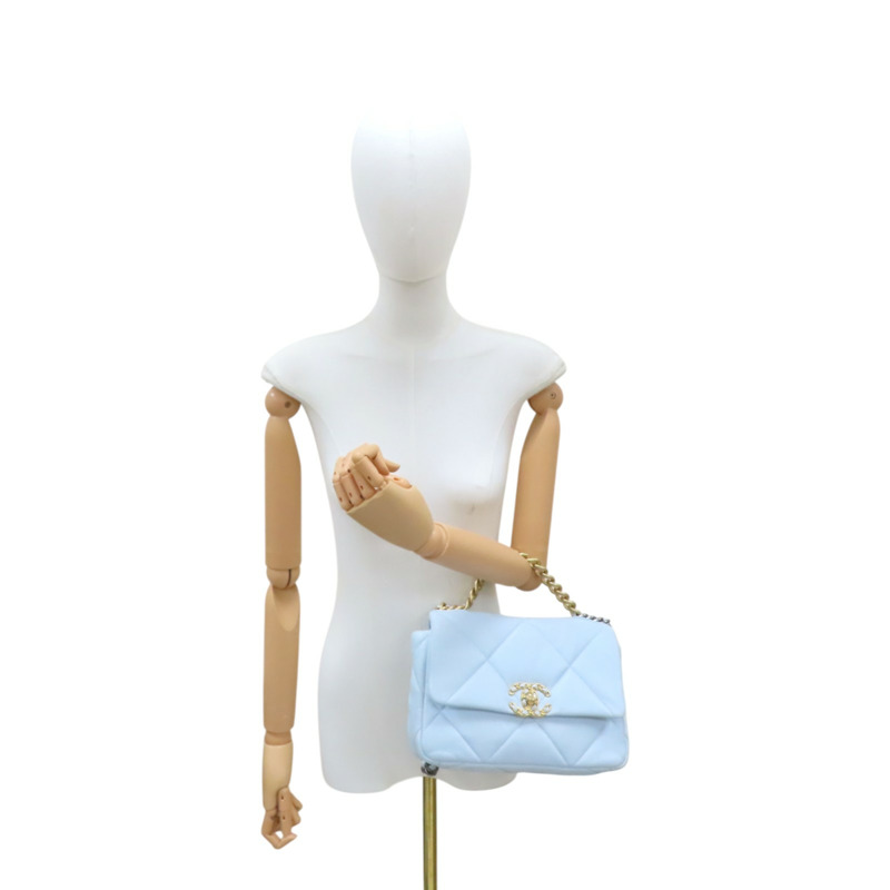 藍色 菱格紋 羊皮 Chanel 19 肩背包 金釦【CHANEL 香奈兒】 AS1160-11