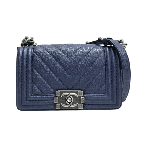 藍色 山型壓紋 牛皮 Boy 20 鍊帶 肩背包 銀釦【CHANEL 香奈兒】 A67085