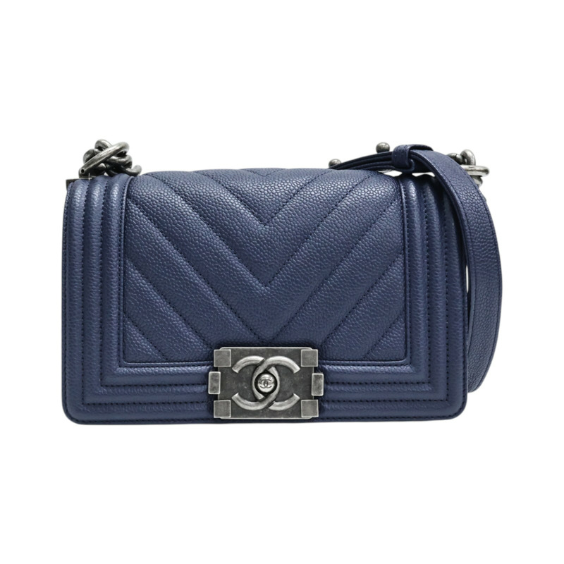 藍色 山型壓紋 牛皮 Boy 20 鍊帶 肩背包 銀釦【CHANEL 香奈兒】 A67085-0