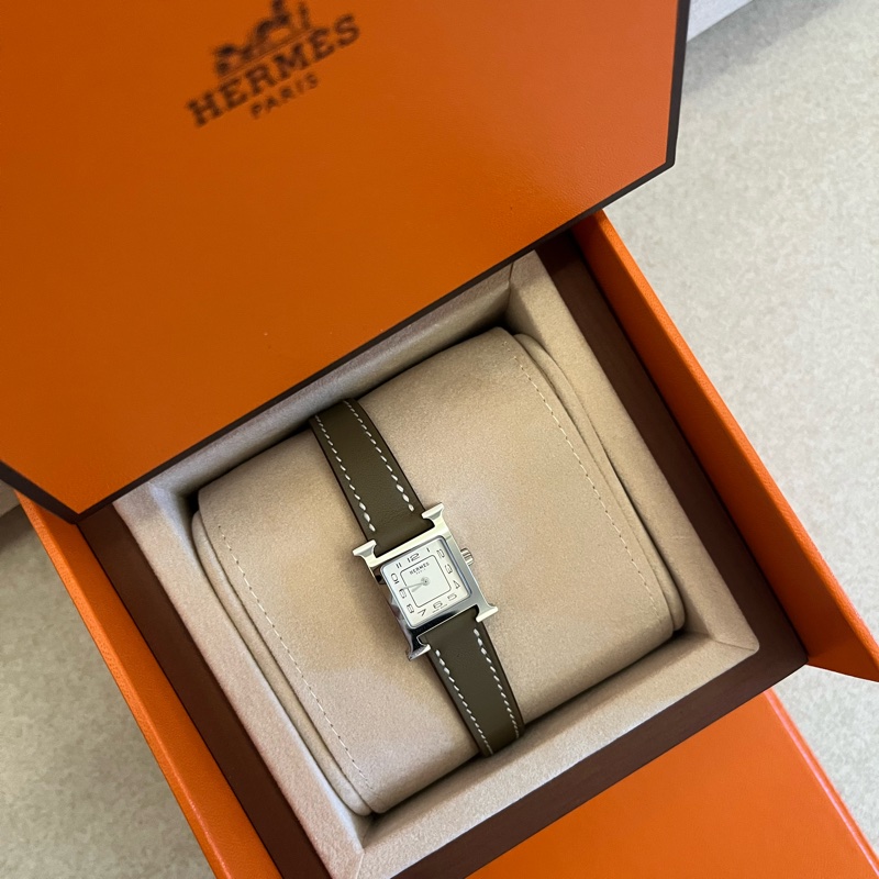 全新 Hermes Heure H 腕錶 21mm 迷你型 大象灰皮革銀框-0