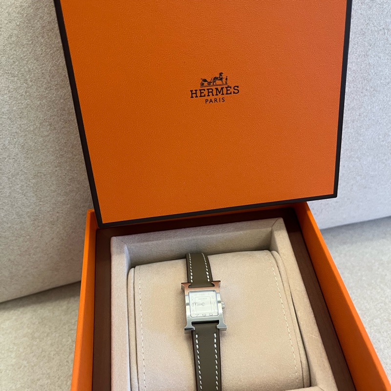 全新 Hermes Heure H 腕錶 21mm 迷你型 大象灰皮革銀框-1