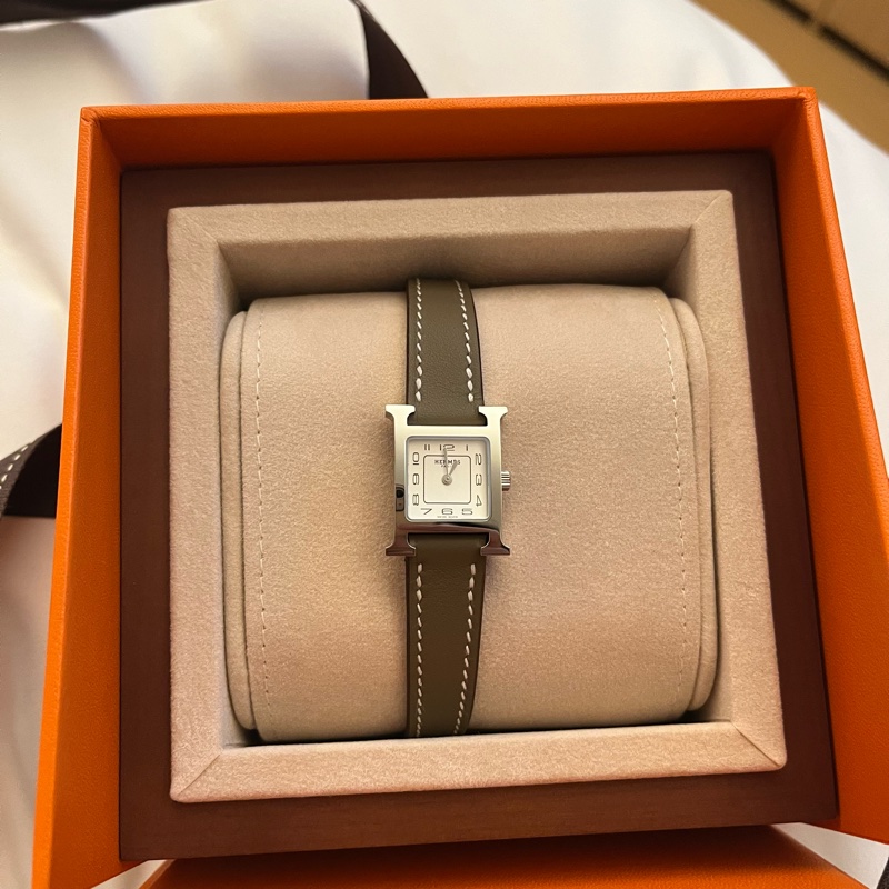 全新 Hermes Heure H 腕錶 21mm 迷你型 大象灰皮革銀框-2