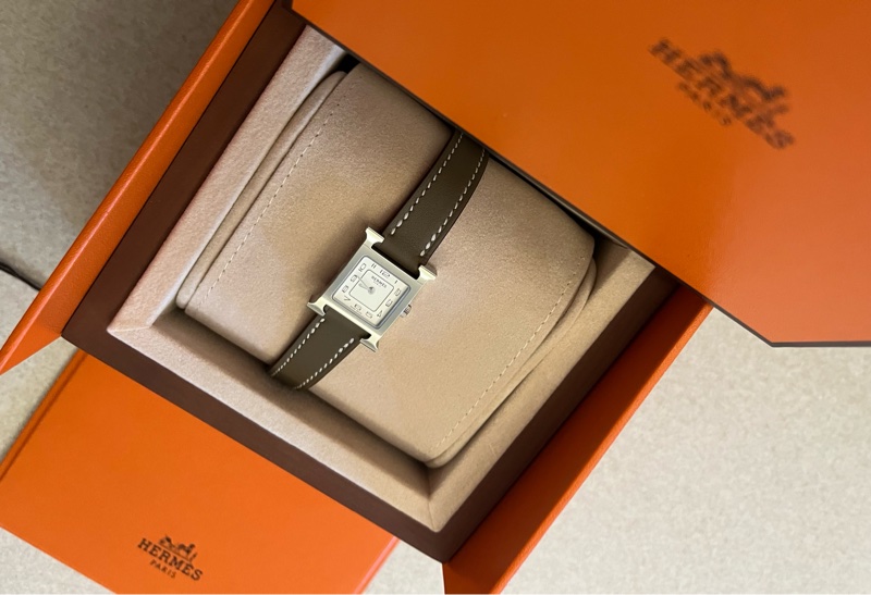 全新 Hermes Heure H 腕錶 21mm 迷你型 大象灰皮革銀框-4