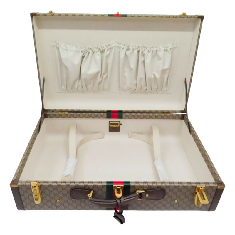 棕色 緹花帆布 牛皮 Savoy maxi 手提行李箱【GUCCI 古馳】 722177-3