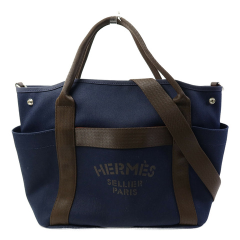 HERMES 帆布Grooming Bag銀扣手挽肩背兩用袋Blue