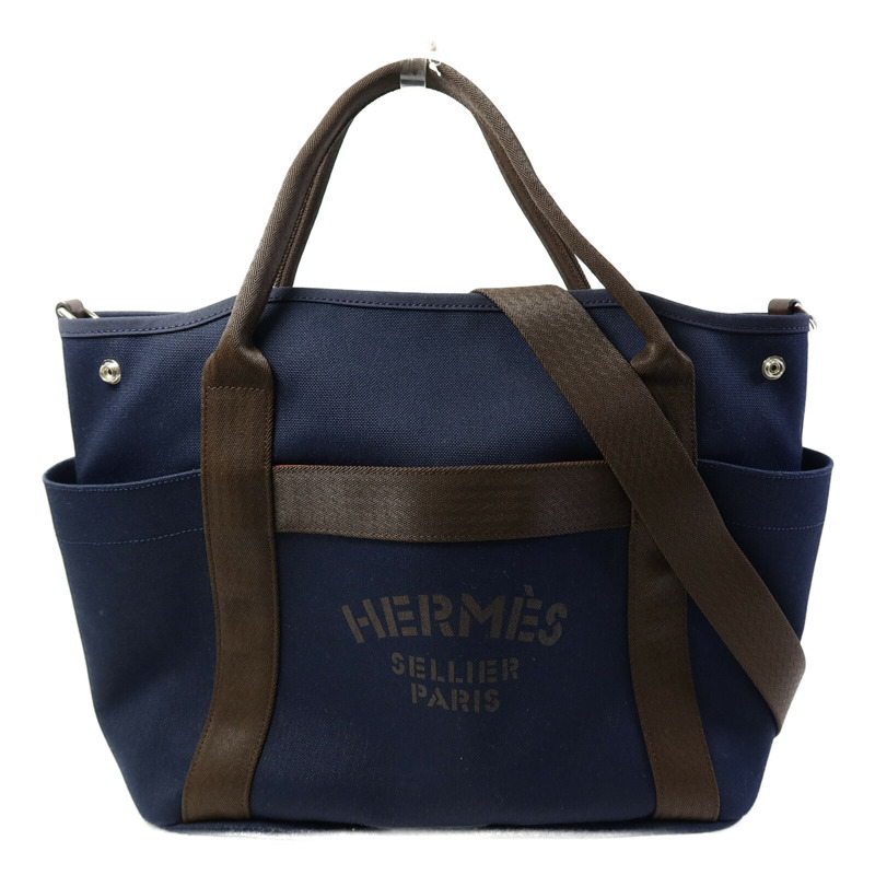 HERMES 帆布Grooming Bag銀扣手挽肩背兩用袋Blue-0