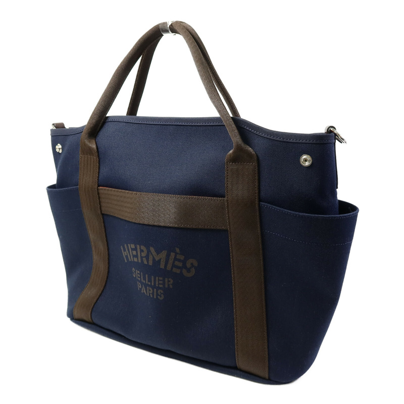 HERMES 帆布Grooming Bag銀扣手挽肩背兩用袋Blue-1