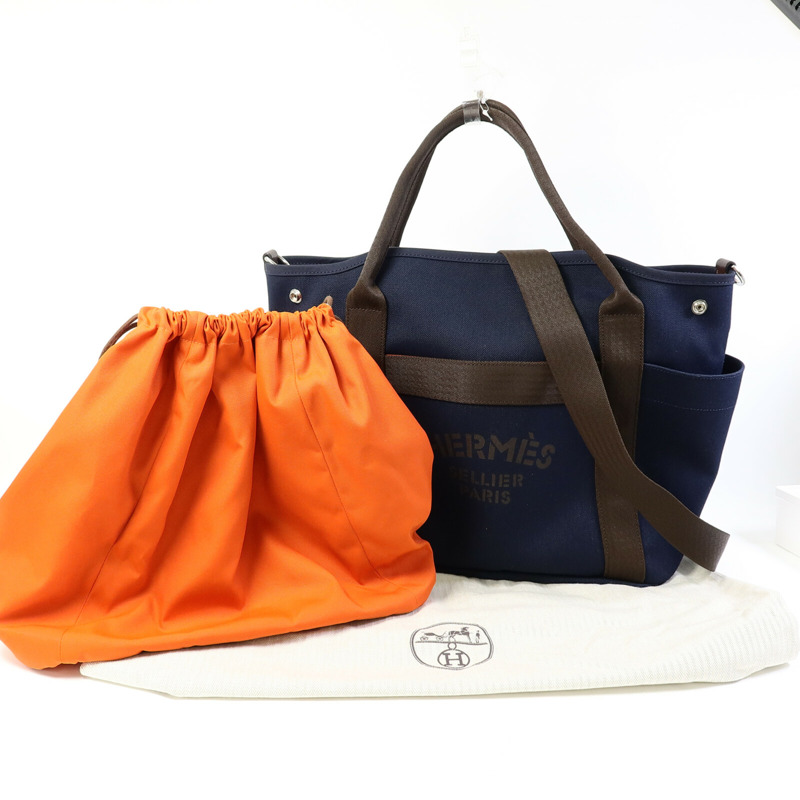 HERMES 帆布Grooming Bag銀扣手挽肩背兩用袋Blue-12