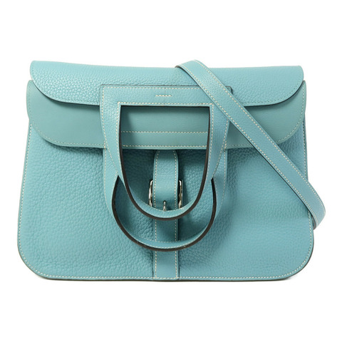 HERMES Clemence皮革Halzan 31銀扣手挽肩背兩用袋Bleu Saint