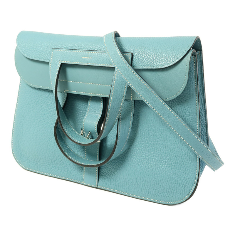HERMES Clemence皮革Halzan 31銀扣手挽肩背兩用袋Bleu Saint-1