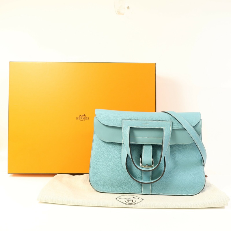 HERMES Clemence皮革Halzan 31銀扣手挽肩背兩用袋Bleu Saint-9