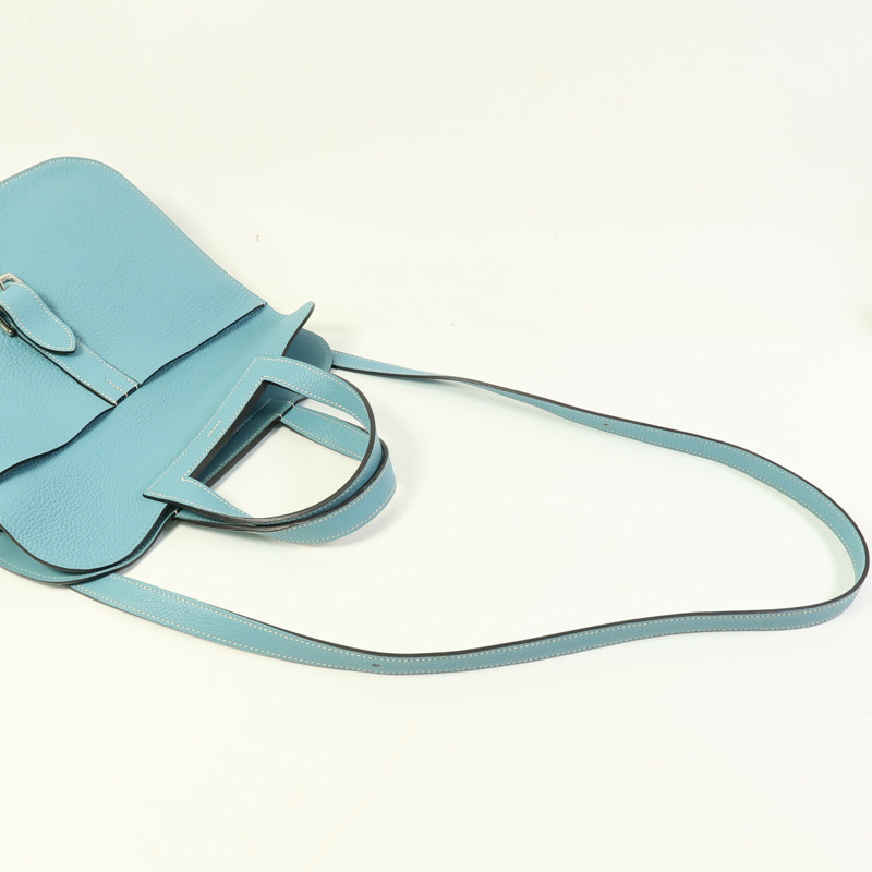 HERMES Clemence皮革Halzan 31銀扣手挽肩背兩用袋Bleu Saint-10