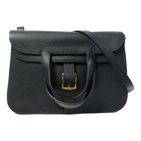 HERMES Clemence皮革Halzan 31金扣手挽肩背兩用袋Noir