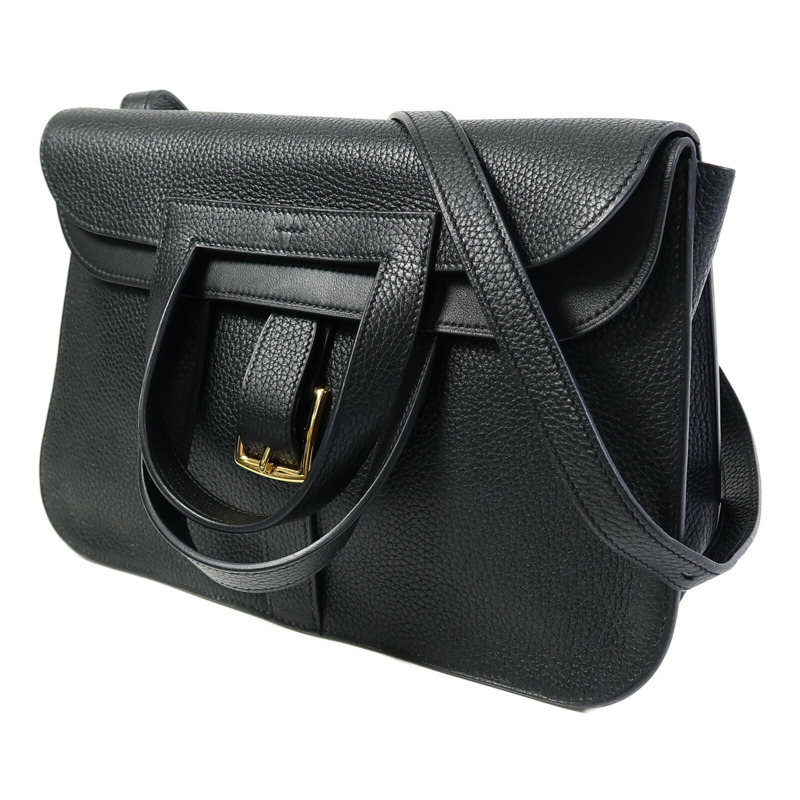 HERMES Clemence皮革Halzan 31金扣手挽肩背兩用袋Noir-1
