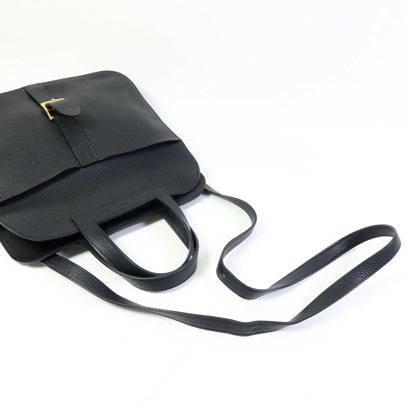 HERMES Clemence皮革Halzan 31金扣手挽肩背兩用袋Noir-9