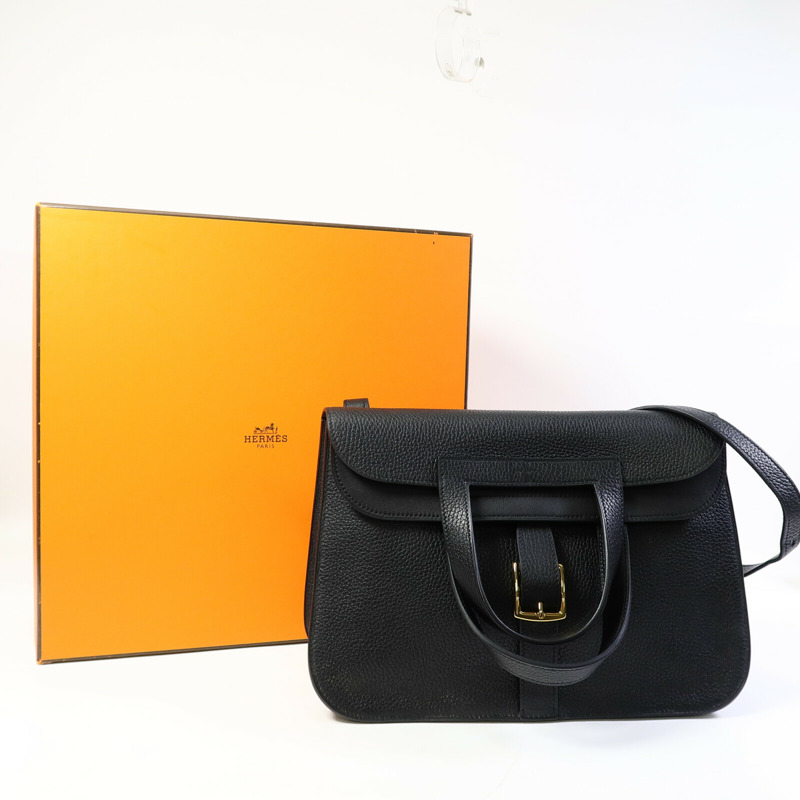 HERMES Clemence皮革Halzan 31金扣手挽肩背兩用袋Noir-10