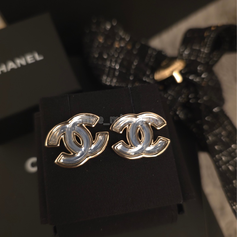 Chanel冰透藍銀框 耳環-2