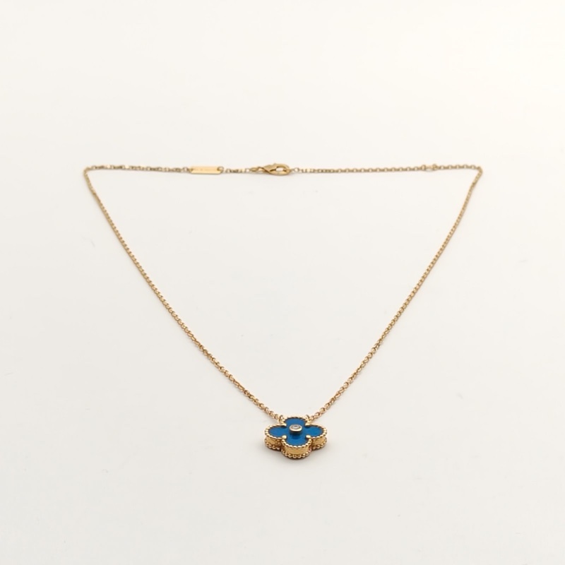 VAN CLEEF&ARPELS VintageAlhambra中號單花項鏈2019年聖誕18K黃金/鑽石/藍陶瓷-4