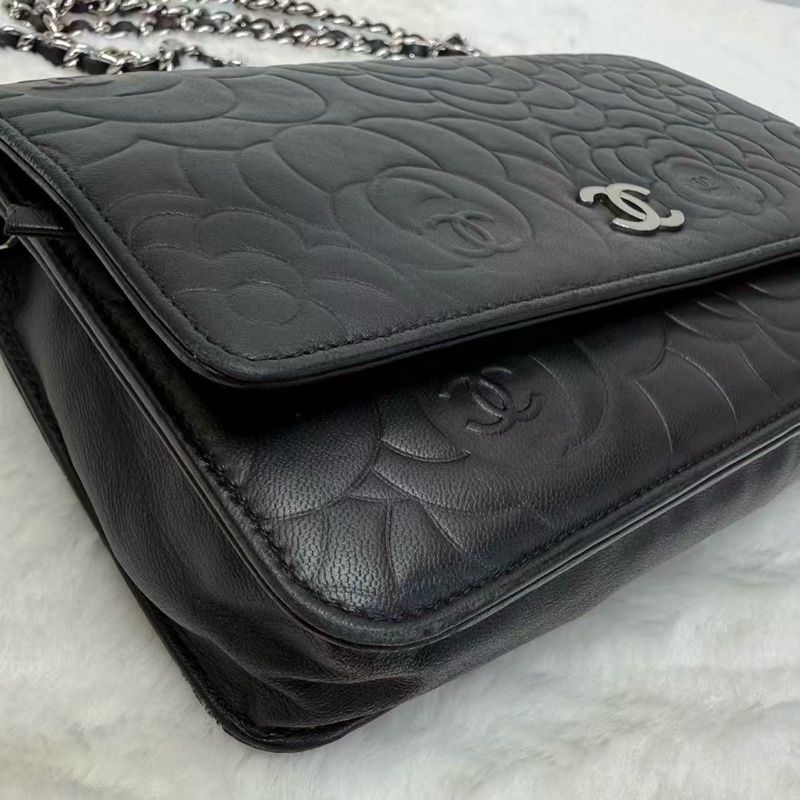 Chanel香奈兒Woc發財包 黑銀 山茶花壓紋 緞面山羊皮 經典熱門爆款鏈條斜挎單肩包 16開帶黑卡-5