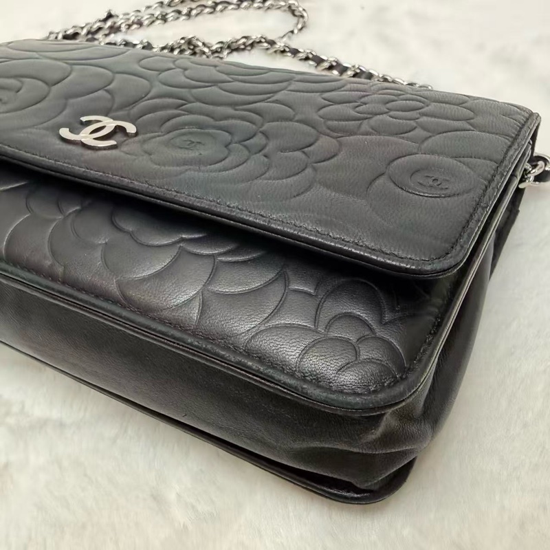 Chanel香奈兒Woc發財包 黑銀 山茶花壓紋 緞面山羊皮 經典熱門爆款鏈條斜挎單肩包 16開帶黑卡-6