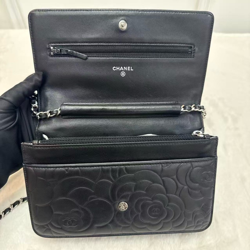 Chanel香奈兒Woc發財包 黑銀 山茶花壓紋 緞面山羊皮 經典熱門爆款鏈條斜挎單肩包 16開帶黑卡-7