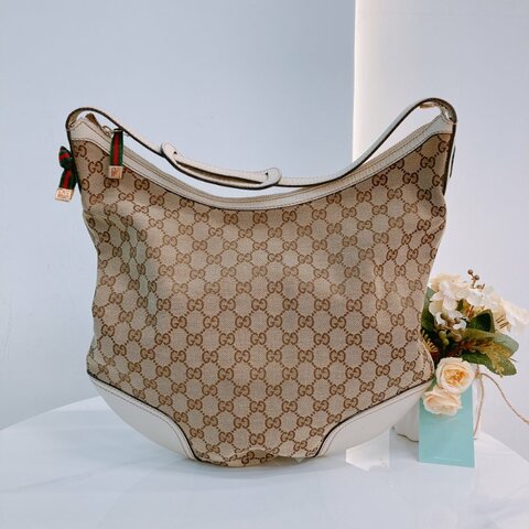 MS0643 Gucci 古馳 經典老花紋 腋下包 帆布 牛皮 象牙色 金扣 GG Supreme Princy Hobo Large Canvas Ivory x GHW