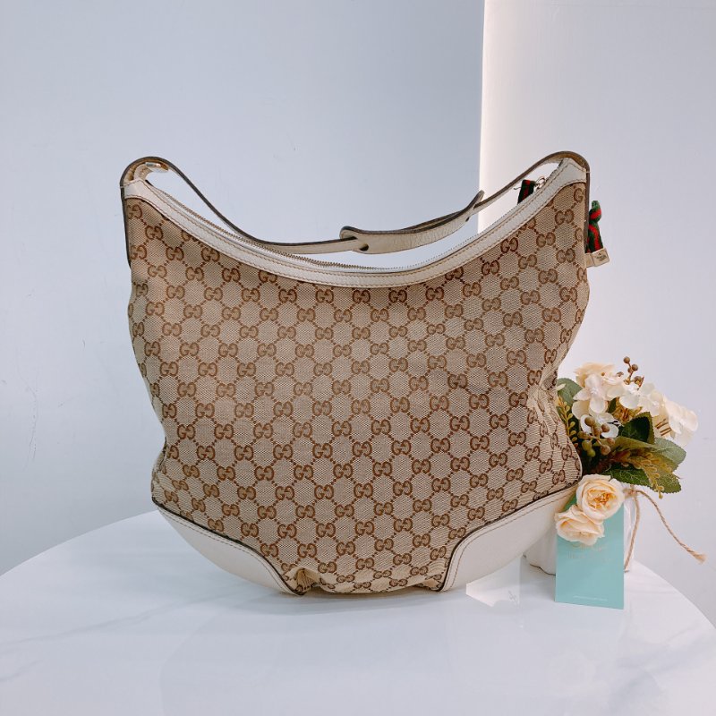 MS0643 Gucci 古馳 經典老花紋 腋下包 帆布 牛皮 象牙色 金扣 GG Supreme Princy Hobo Large Canvas Ivory x GHW-1