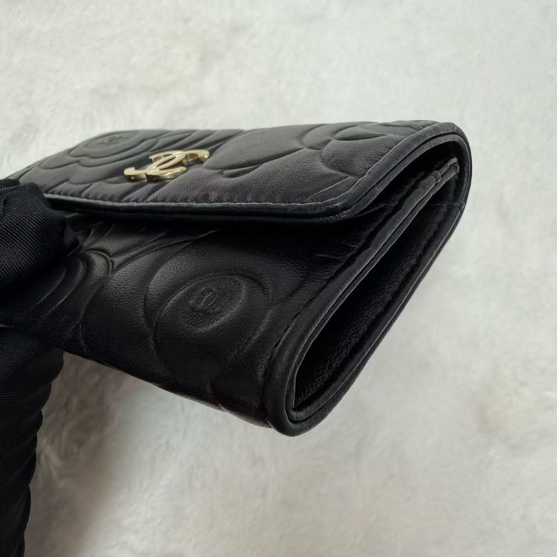 Chanel香奈兒卡包 山茶花系列錢包 黑金羊皮 橫版 山茶花壓紋C Logo零錢包 男女同款手拿包 16開-4