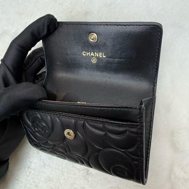 Chanel香奈兒卡包 山茶花系列錢包 黑金羊皮 橫版 山茶花壓紋C Logo零錢包 男女同款手拿包 16開-5
