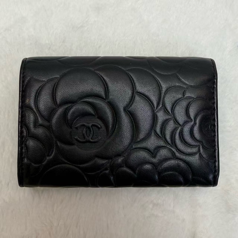 Chanel香奈兒卡包 山茶花系列錢包 黑金羊皮 橫版 山茶花壓紋C Logo零錢包 男女同款手拿包 16開-8