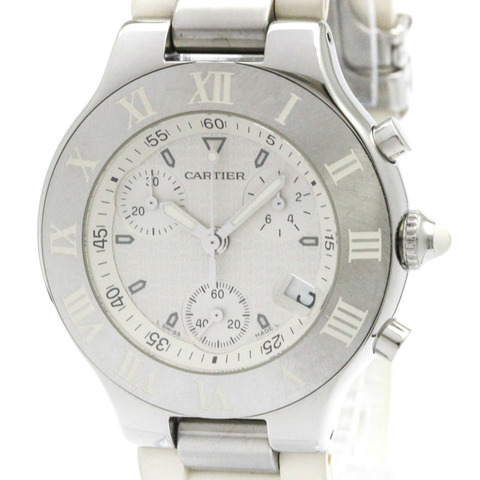 卡地亞 Must 21 Chronoscaph 精鋼橡膠男士腕錶 W10184U2 拋光