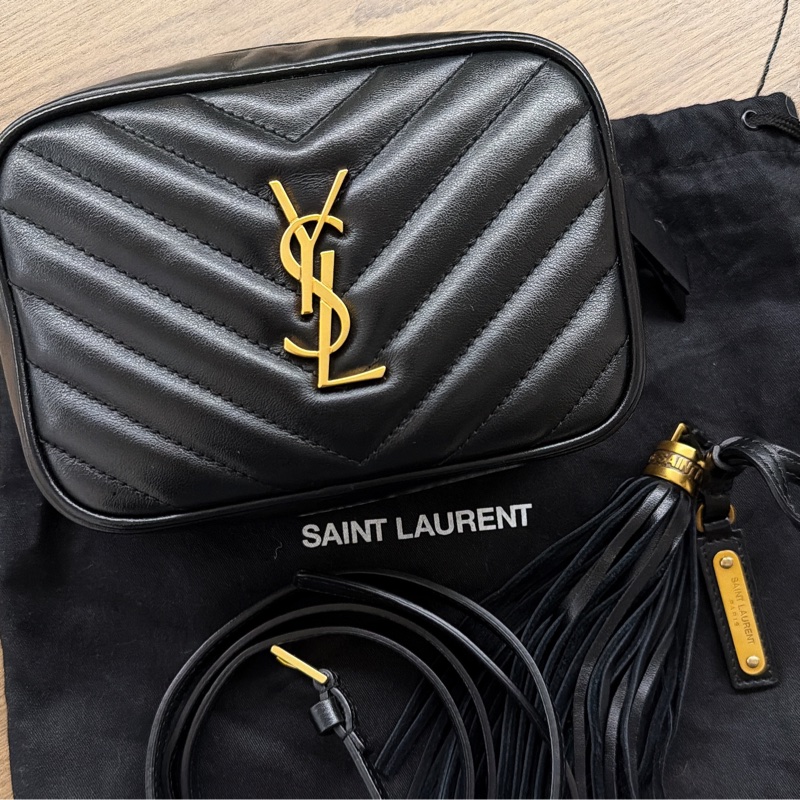 無刮傷 無任何磨損YSL 黑金 流蘇 山形紋 相機包 腰包 斜背包 兩用包-9