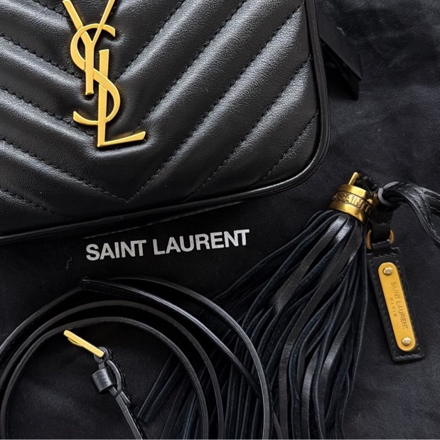 無刮傷 無任何磨損YSL 黑金 流蘇 山形紋 相機包 腰包 斜背包 兩用包-21