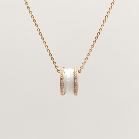 BVLGARI B.ZERO1彈簧項鏈三環扣雙邊鑽18K玫瑰金/鑽石/白陶瓷