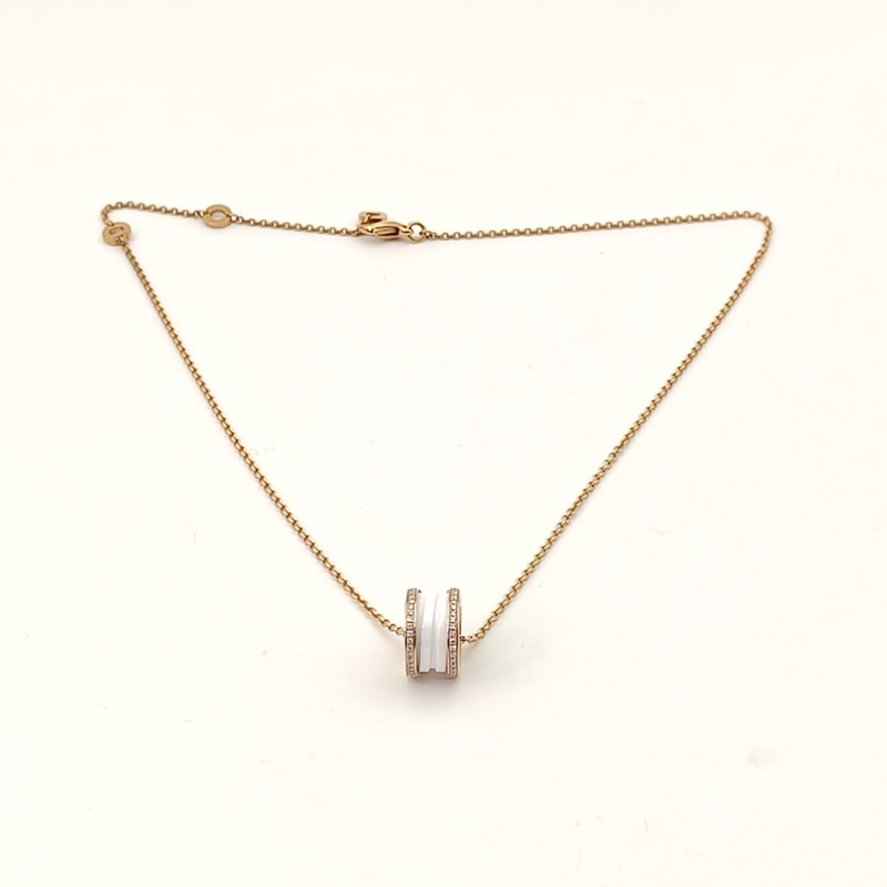 BVLGARI B.ZERO1彈簧項鏈三環扣雙邊鑽18K玫瑰金/鑽石/白陶瓷-4