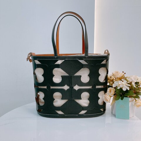 MS0632 Tory Burch 湯麗柏琦 鏤空設計 手提包 皮革 小號 黑色 金扣Ella Cutout Logo Tote Bag Small Leather Black x GHW